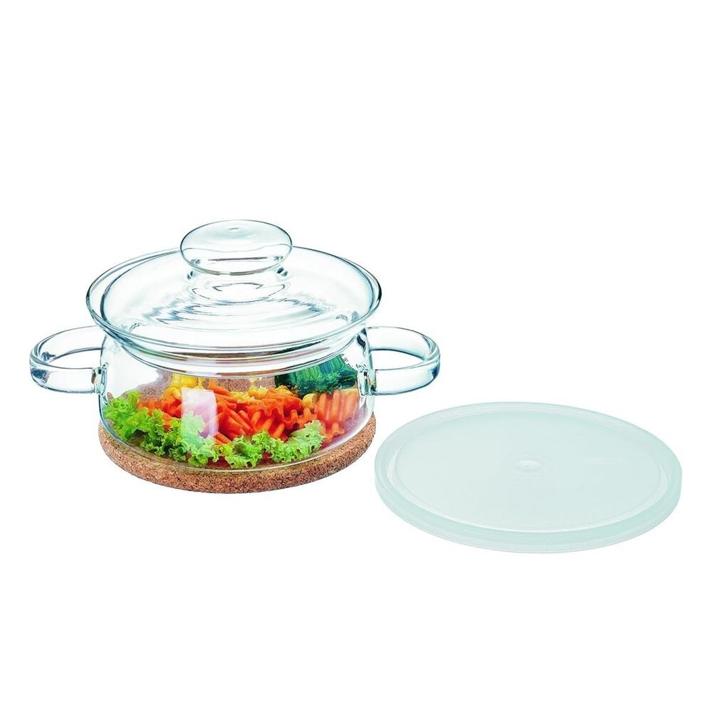 Simax Glassware Gourmet Pot with Cork Coaster & Lid, cook to fridge 1-Quart NIB